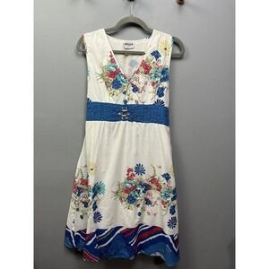 Shoreline Womens Large Floral Cotton Smocked Empire Waist V-Neck Sun Dress Blue‎